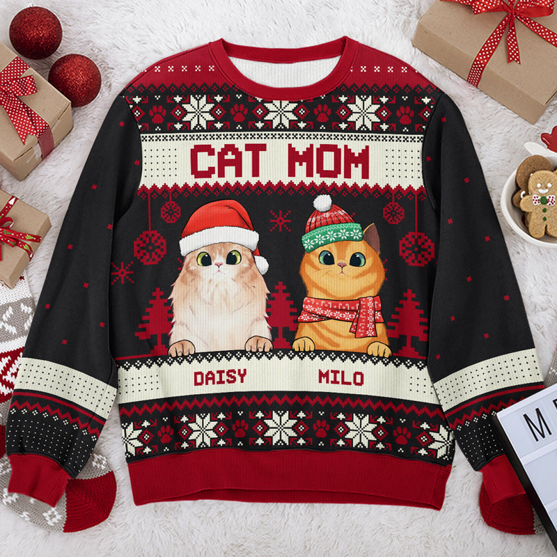 Cat Mom Cat Dad Merry Christmas - Personalized Custom Unisex Ugly Christmas Sweatshirt, Wool Sweatshirt, All-Over-Print Sweatshirt - Gift For Cat Lovers, Mom, Dad