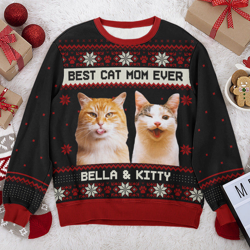 Custom Photo Born To Be A Cat Dad - Cat Personalized Custom Ugly Sweatshirt - Unisex Wool Jumper - Christmas Gift For Mom, Cat Lovers
