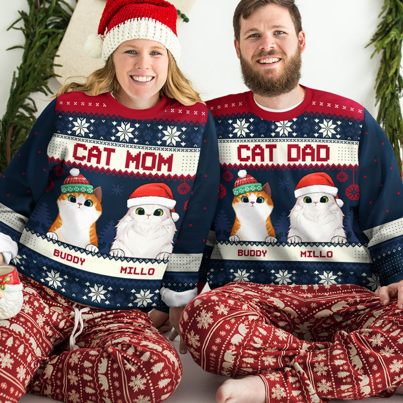 Cat Mom Cat Dad - Personalized Custom Unisex Ugly Christmas Sweatshirt, Wool Sweatshirt, All-Over-Print Sweatshirt - Gift For Cat Dad, Cat Lovers, Christmas New Arrival Gift