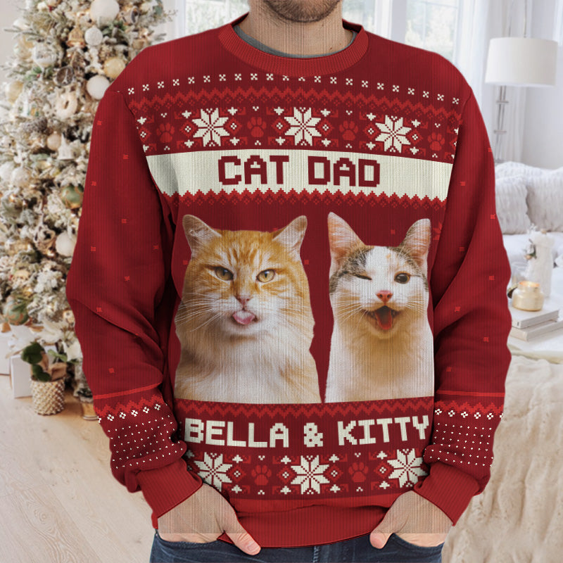 Custom Photo Born To Be A Cat Dad - Cat Personalized Custom Ugly Sweatshirt - Unisex Wool Jumper - Christmas Gift For Mom, Cat Lovers