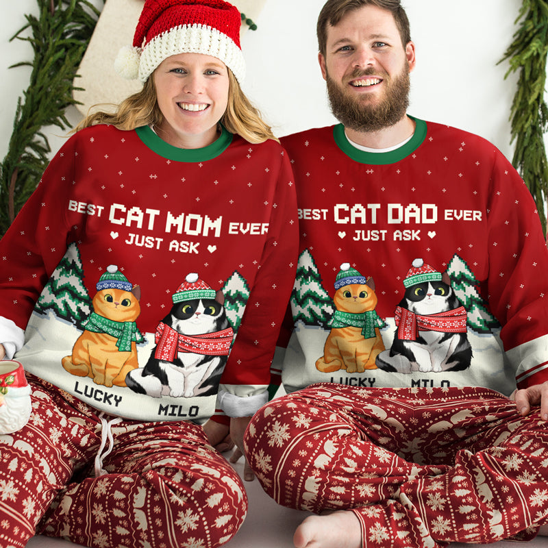 Best Cat Mom & Cat Dad Ever - Personalized Custom Unisex Ugly Christmas Sweatshirt, Wool Sweatshirt, All-Over-Print Sweatshirt - Gift For Cat Dads, Cat Lovers