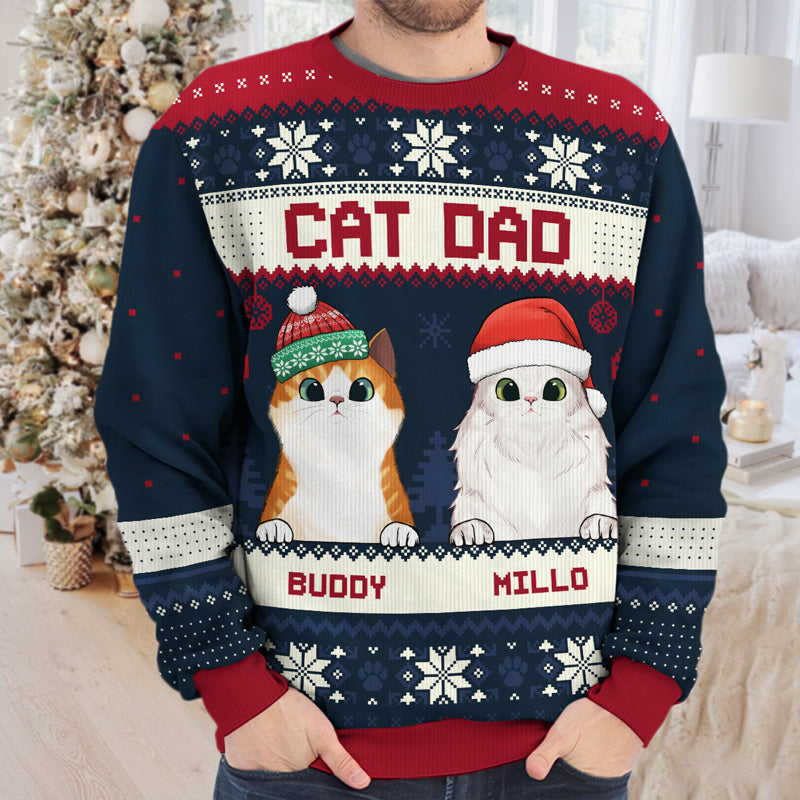 Cat Mom Cat Dad - Personalized Custom Unisex Ugly Christmas Sweatshirt, Wool Sweatshirt, All-Over-Print Sweatshirt - Gift For Cat Dad, Cat Lovers, Christmas New Arrival Gift