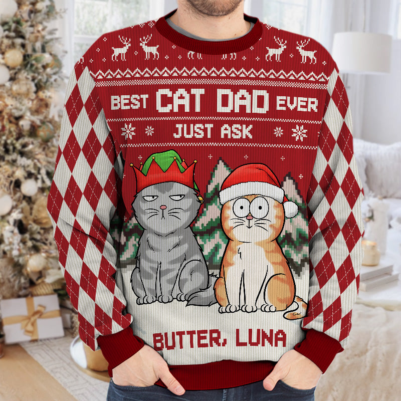 Best Cat Dad Ever Just Ask - Cat Personalized Custom Ugly Sweatshirt - Unisex Wool Jumper - Christmas Gift For Cat Lovers, Pet Owners