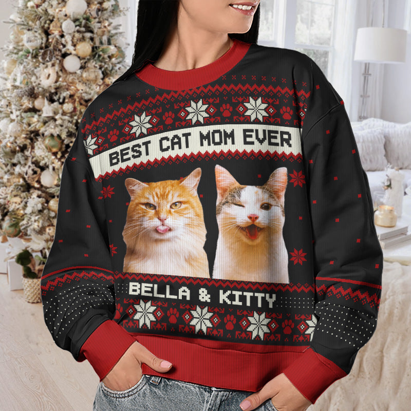 Custom Photo Born To Be A Cat Dad - Cat Personalized Custom Ugly Sweatshirt - Unisex Wool Jumper - Christmas Gift For Mom, Cat Lovers