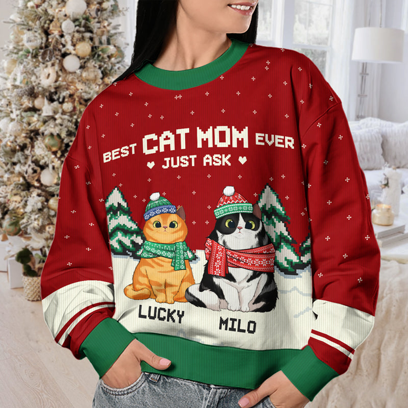 Best Cat Mom & Cat Dad Ever - Personalized Custom Unisex Ugly Christmas Sweatshirt, Wool Sweatshirt, All-Over-Print Sweatshirt - Gift For Cat Dads, Cat Lovers