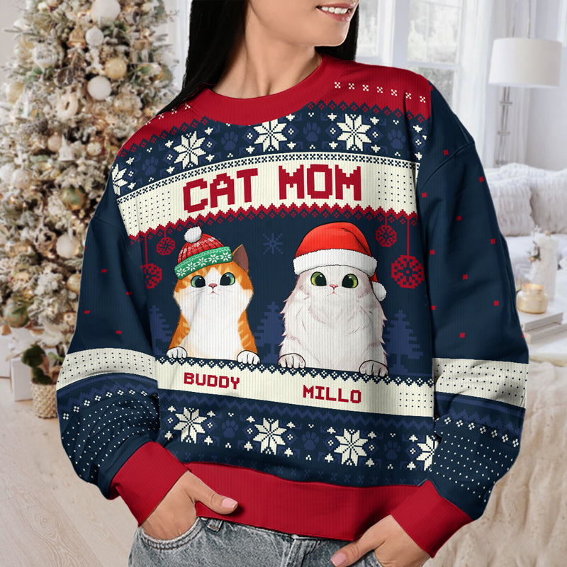 Cat Mom Cat Dad Merry Christmas - Personalized Custom Unisex Ugly Christmas Sweatshirt, Wool Sweatshirt, All-Over-Print Sweatshirt - Gift For Cat Lovers, Mom, Dad