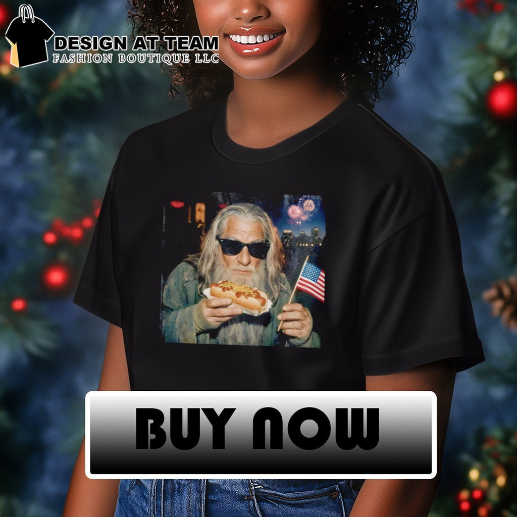Wizard in sunglasses holds chili dog and American flag on a Patriotic 4th of July shirt