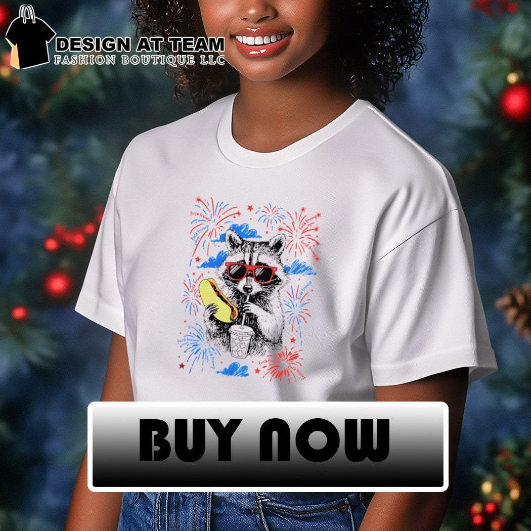 Raccoon with hot dog and drink firework 4th of July shirt