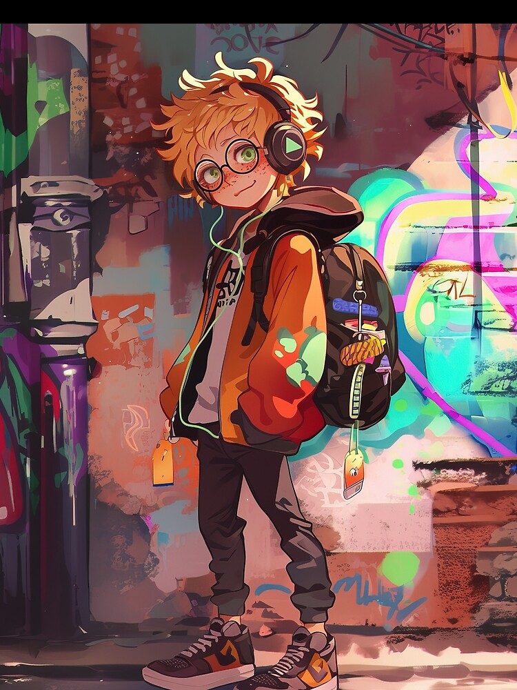Cool anime boy in a colorful alley with graffiti by TheArtistOf2022