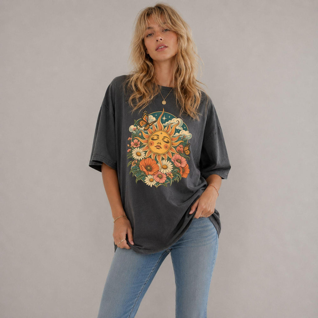 Boho Sun Face Floral Comfort Colors Celestial Tee Unisex T-shirt, Sweatshirt, Hoodie (4)