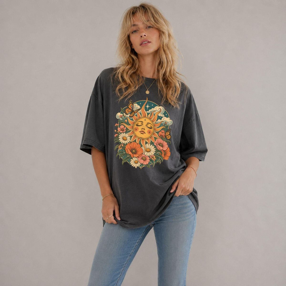 Boho Sun Face Floral Comfort Colors Celestial Tee Unisex T-shirt, Sweatshirt, Hoodie (4)