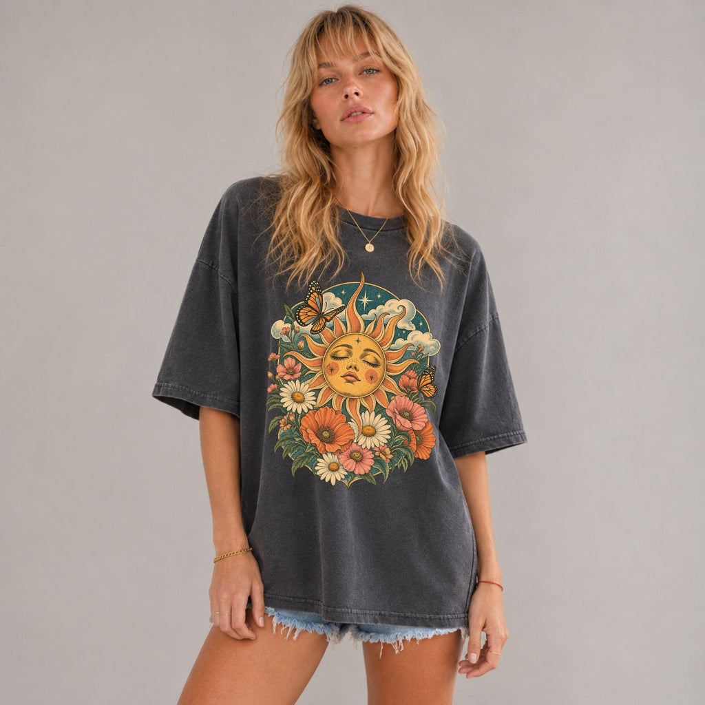 Boho Sun Face Floral Comfort Colors Celestial Tee Unisex T-shirt, Sweatshirt, Hoodie (2)