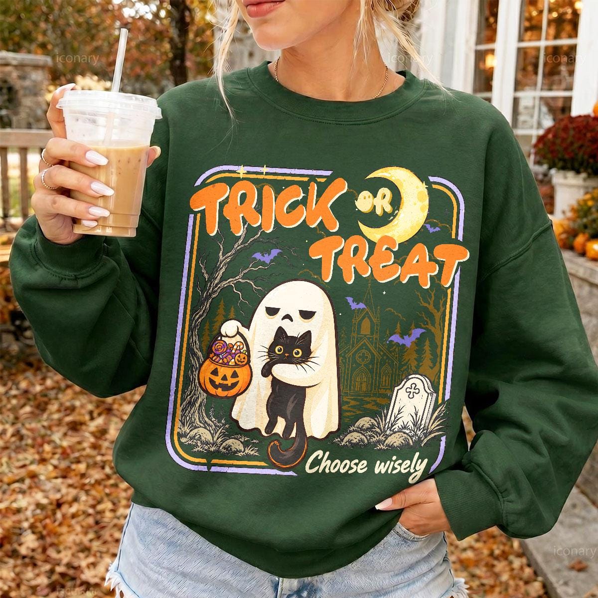 Ghost Cat Halloween Vintage Trick Treat Black Cat Retro Spooky Season (1)