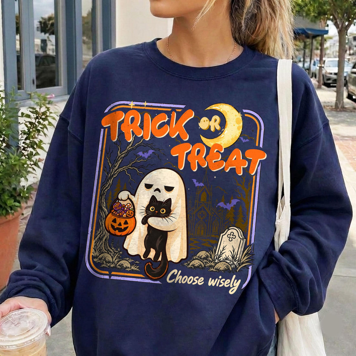 Ghost Cat Halloween Vintage Trick Treat Black Cat Retro Spooky Season (3)