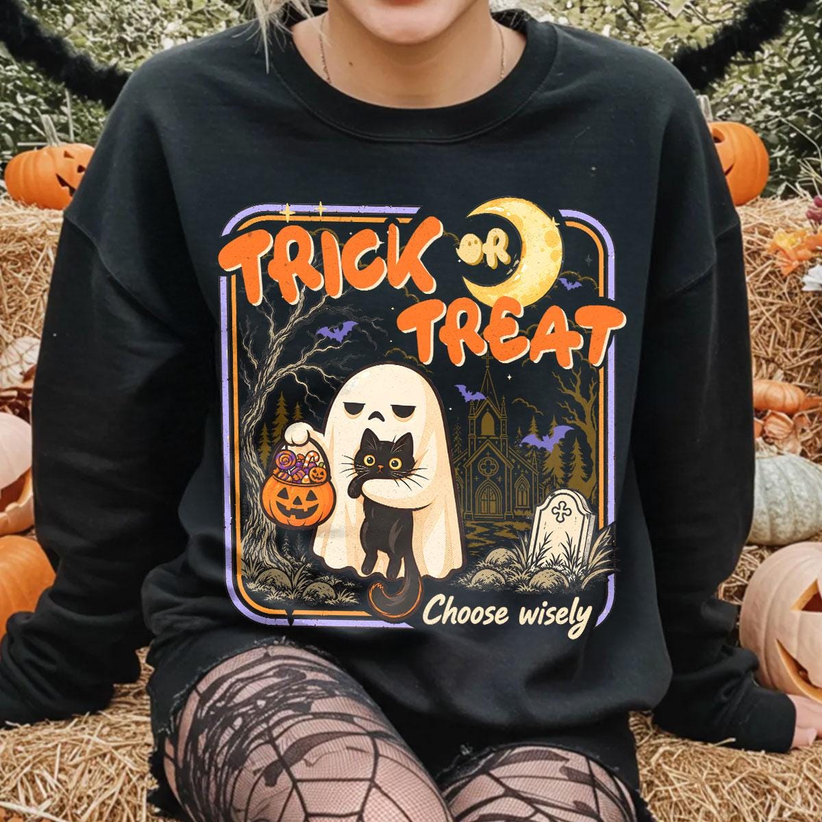 Ghost Cat Halloween Vintage Trick Treat Black Cat Retro Spooky Season (4)