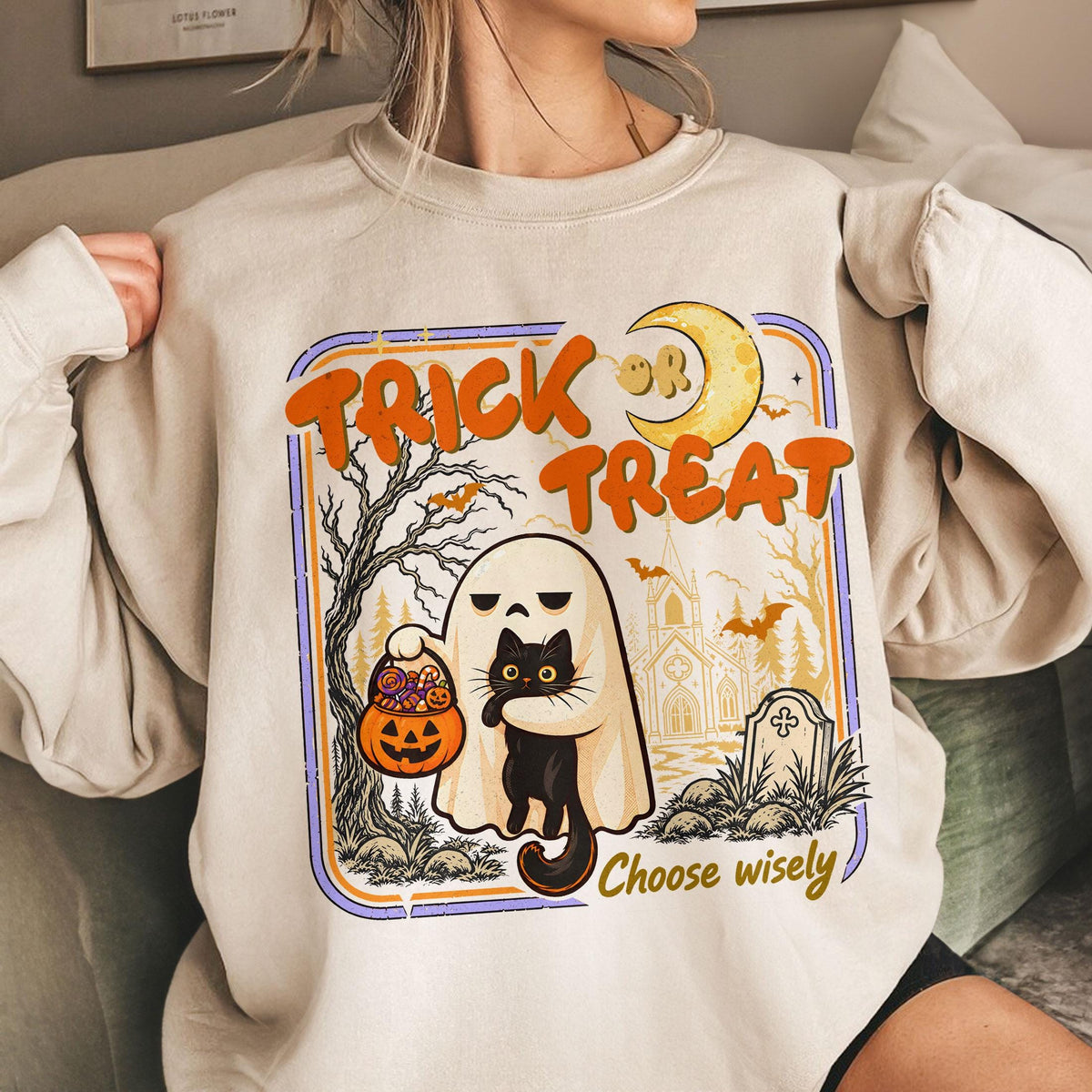 Ghost Cat Halloween Vintage Trick Treat Black Cat Retro Spooky Season (5)