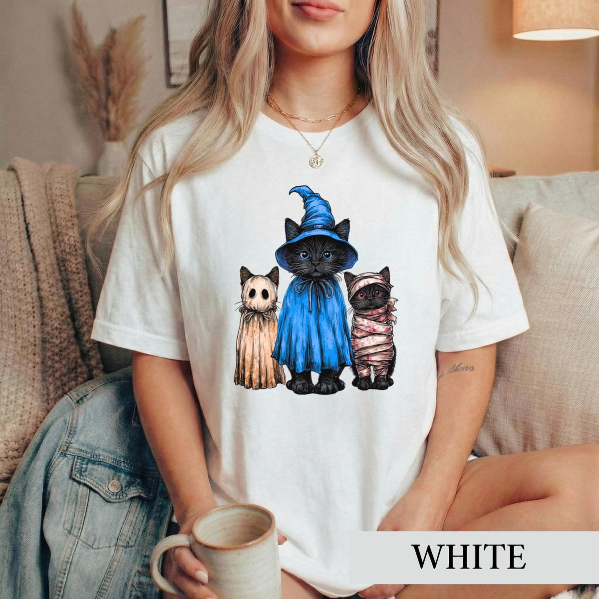Halloween Ca Spooky Witch Ghost Mummy Tee Cat Mom Fall Vintage Retro Horror Cat Lover (5)