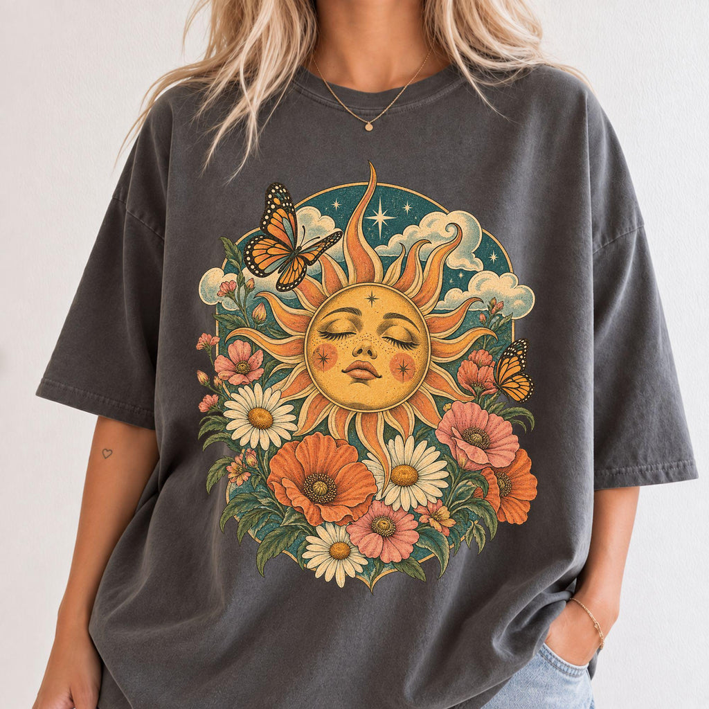 Boho Sun Face Floral Comfort Colors Celestial Tee Unisex T-shirt, Sweatshirt, Hoodie (1)
