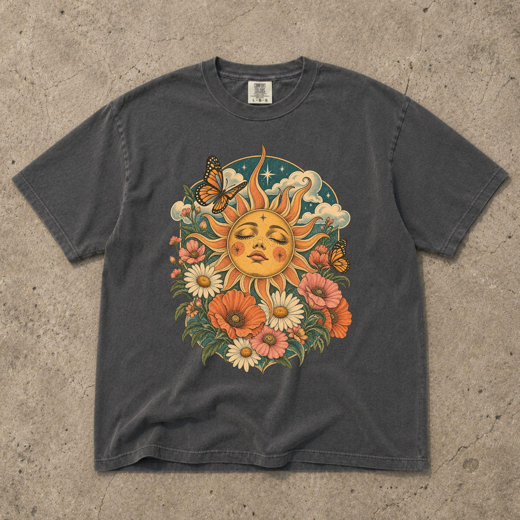 Boho Sun Face Floral Comfort Colors Celestial Tee Unisex T-shirt, Sweatshirt, Hoodie (5)