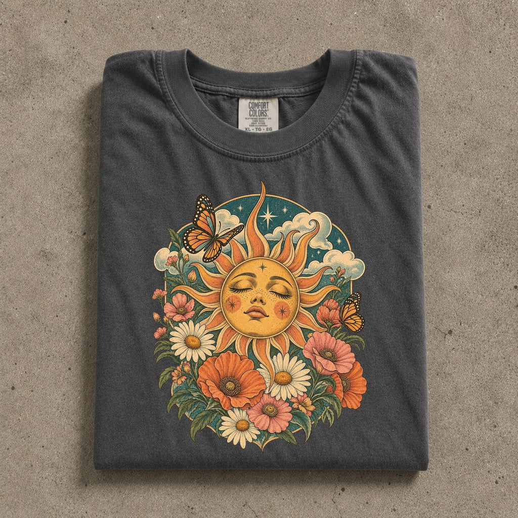 Boho Sun Face Floral Comfort Colors Celestial Tee Unisex T-shirt, Sweatshirt, Hoodie (3)