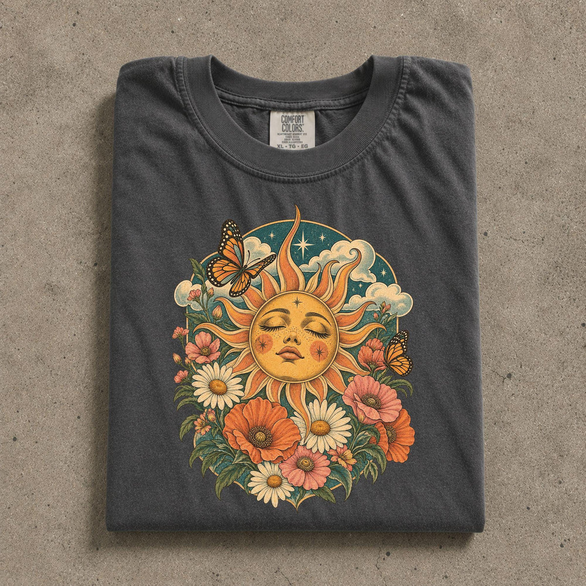 Boho Sun Face Floral Comfort Colors Celestial Tee Unisex T-shirt, Sweatshirt, Hoodie (3)
