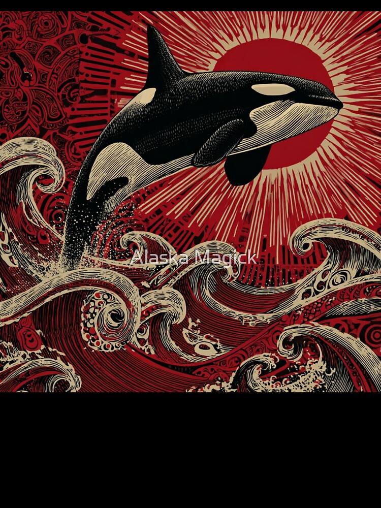 Orca Totem – Northwest Coast Ocean Art with Red Sun & Waves by Alaska Magick