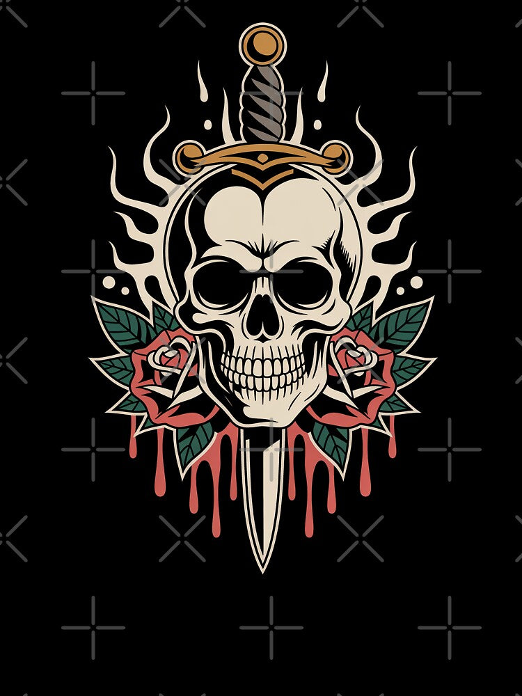 Skull Dagger Flames and Roses Gothic Skull Art Gift by Say It With Ink