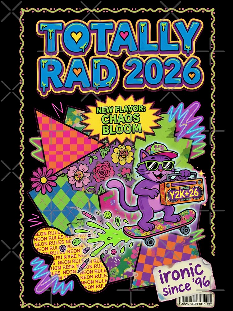 Totally Rad 2026 Y2K Chaos Bloom Neon Cat Skateboard by REAL IRISH GIFTS