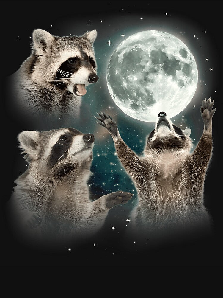 3 Racoons Howling at Moon Funny Weird Cursed by Sossima Art