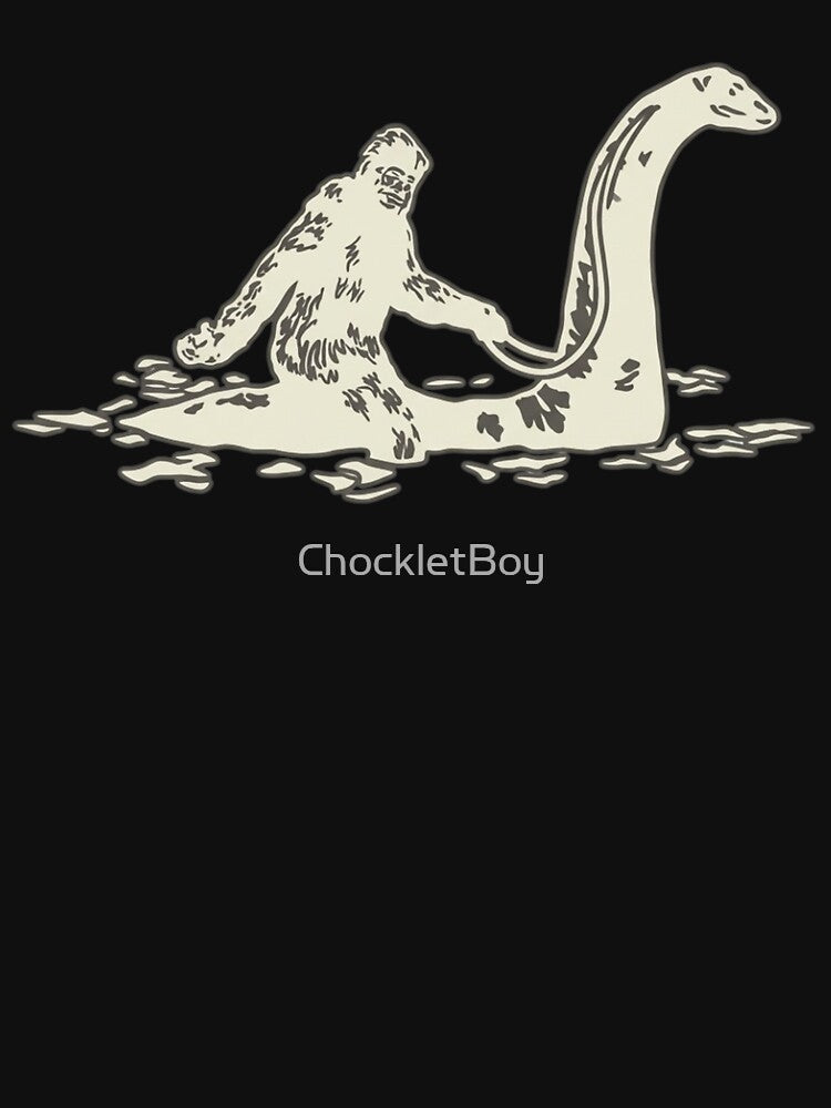 Bigfoot Sasquatch Riding The Loch Ness Monster Funny Short Sleeve T-Shirt by ChockletBoy