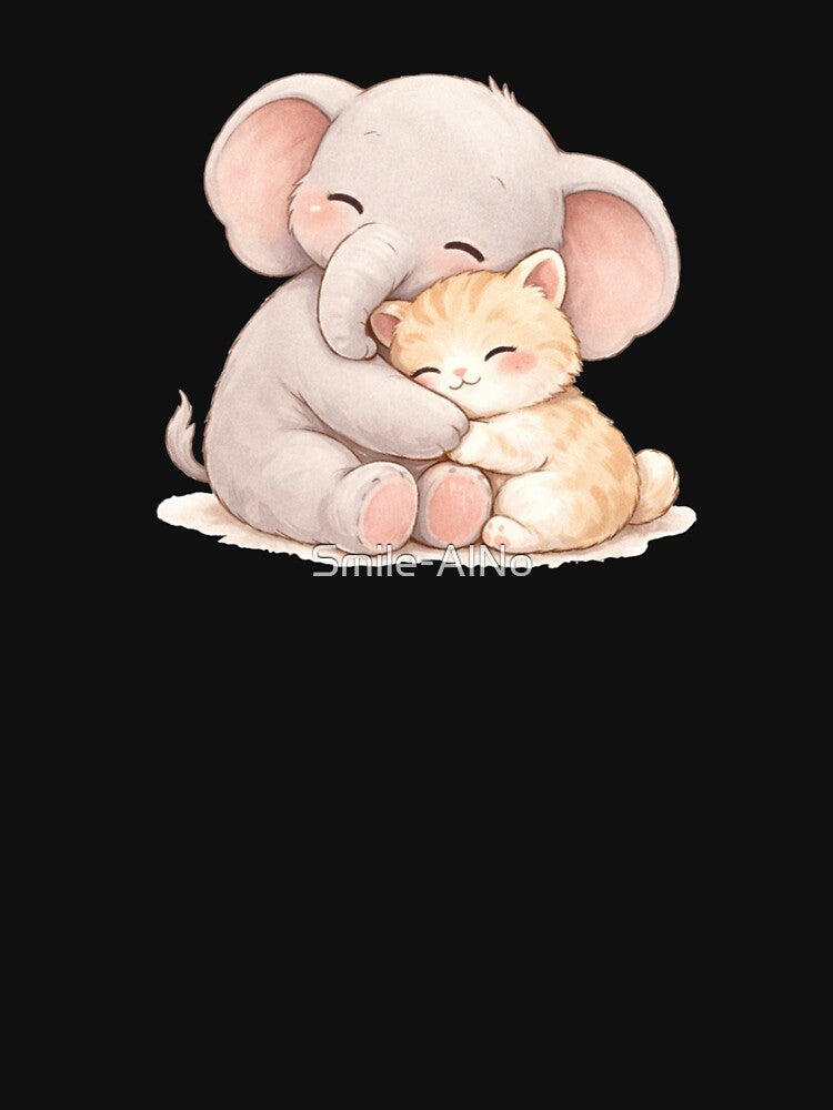 Kawaii Elephant & Kitten Cozy Hug — Soft Pastel Cute Animal Illustration by Smile-AlNo