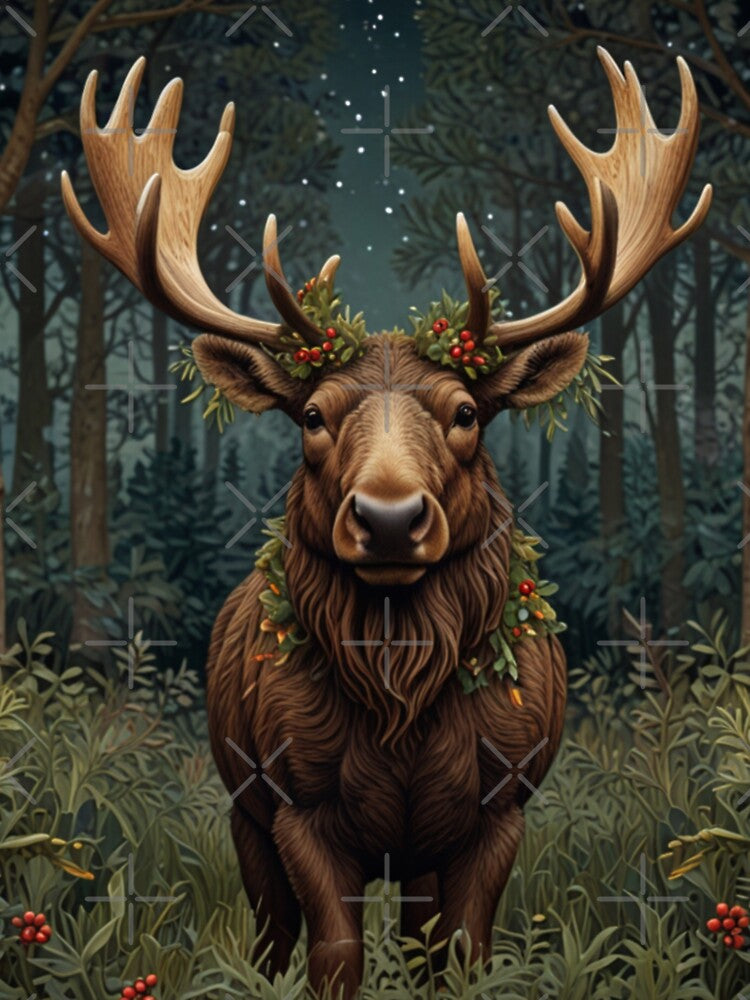 Vintage Christmas Moose woodland night forest scene by hollycooper