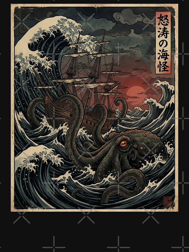 Cthulhu Kraken Vintage Japanese Sea Monster Attack in Stormy Seas Vintage Japanese by will freed18