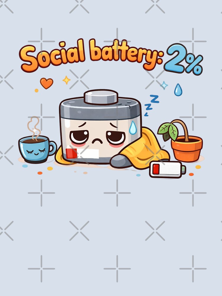 Social Battery 2% Cute Cartoon Introvert Design by Sanika arts