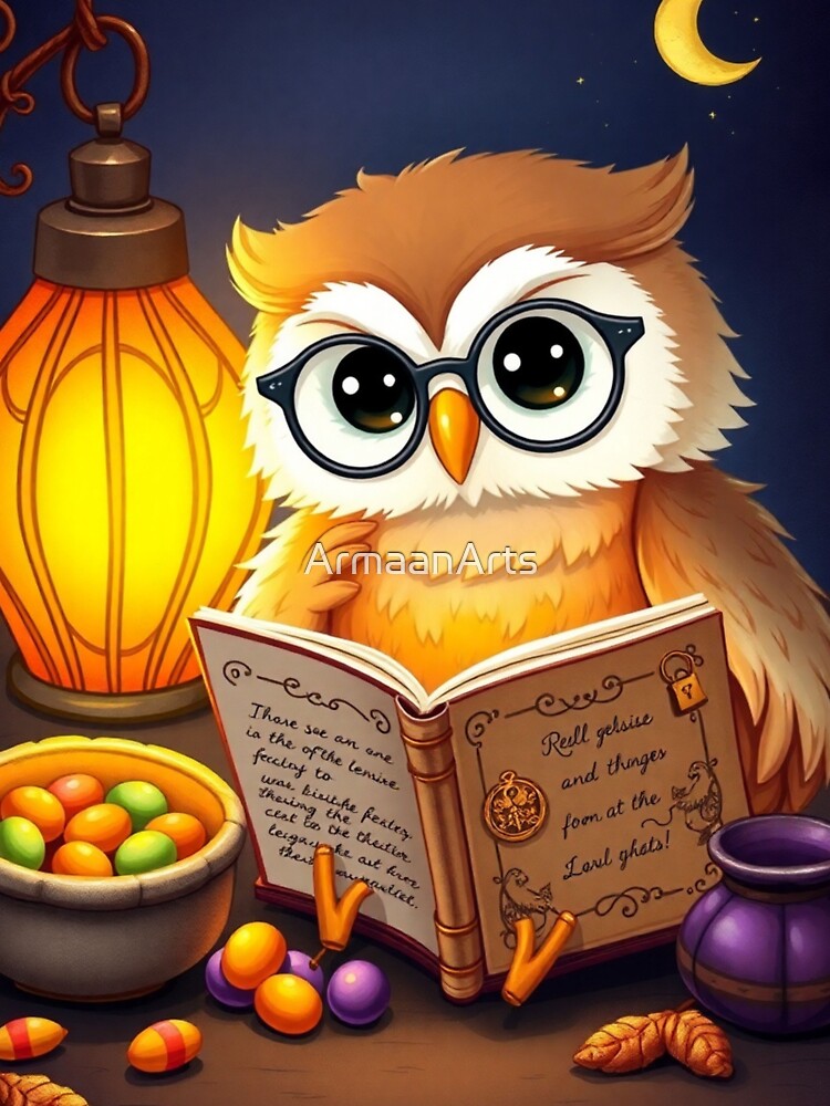 Kawaii Owl Reading Spellbook – Cute Halloween Lantern Scene by ArmaanArts