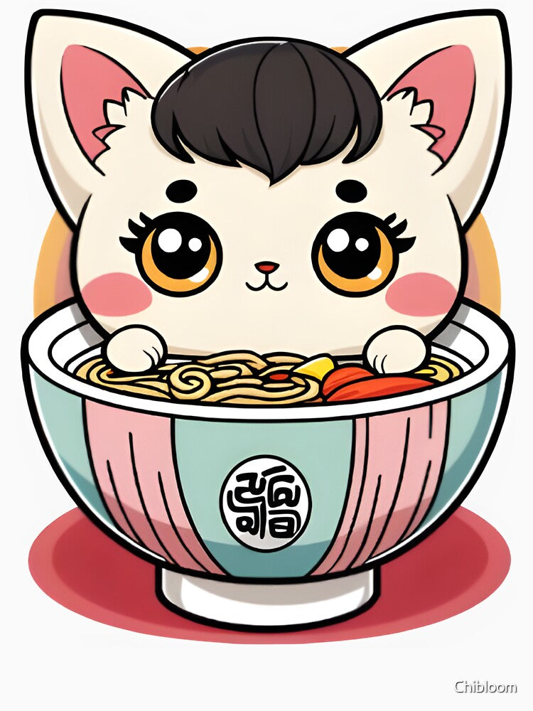 Cute Kawaii Ramen Cat Japanese Ramen Bowl Illustration by Chibloom