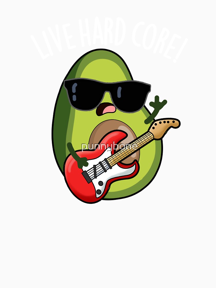 Live Hard Core Funny Avocado Rock Pun (Dark BG) by punnybone