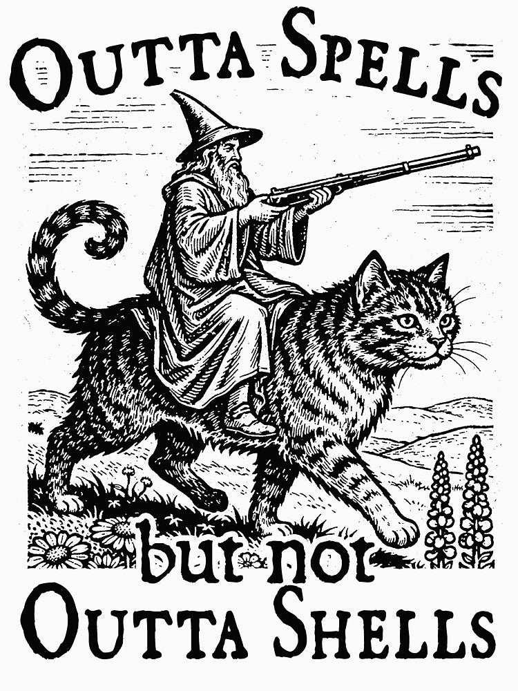 Vintage Outta spells but not outta shells-Funny medieval wizard-cat meme by RandyHaskins