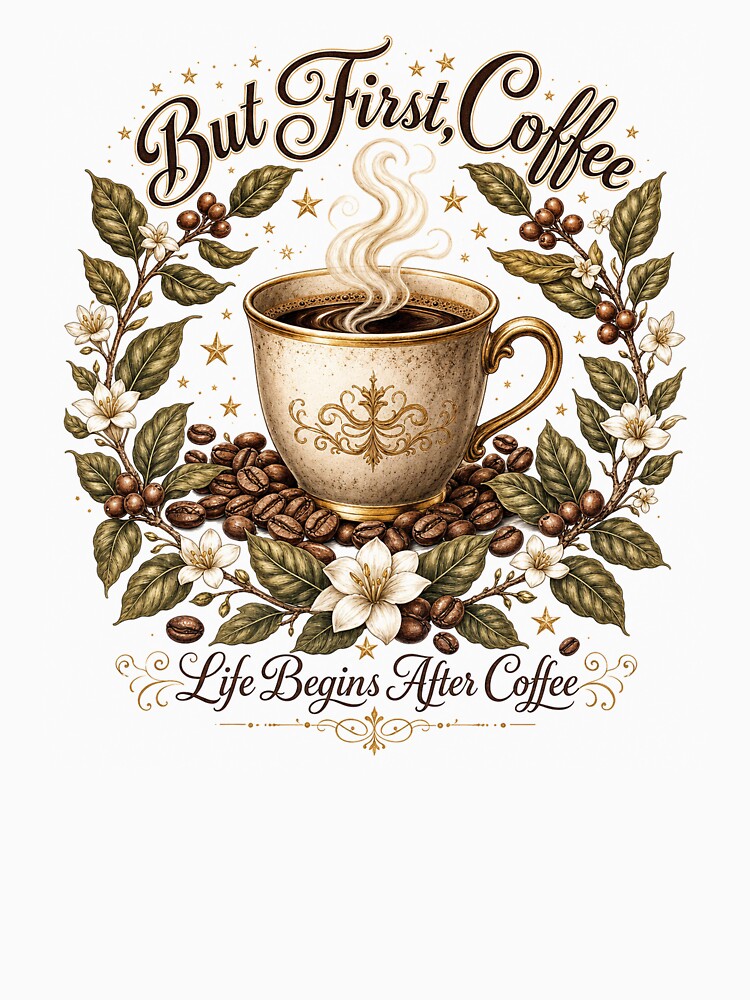 But First Coffee — Life Begins After Coffee Botanical T-Shirt by WornWildCo
