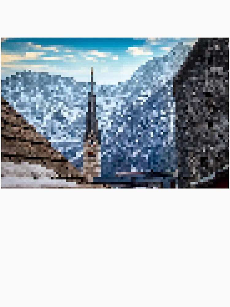 Pixelated Mountainous Winter Church Scene by Potato Quality Prints