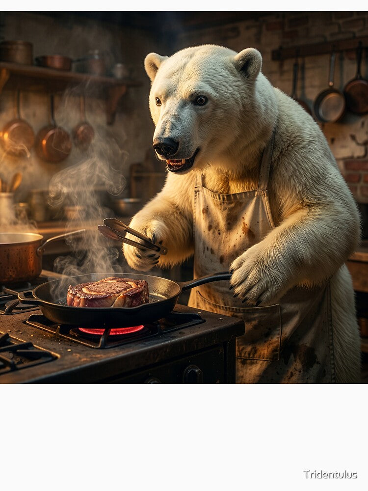 Excited Polar Bear Pan Sears a Steak by Tridentulus