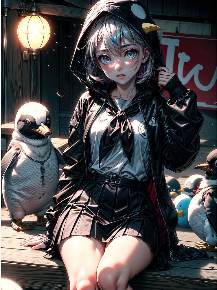Gothic anime girl with penguins portrait art by TheArtistOf2022