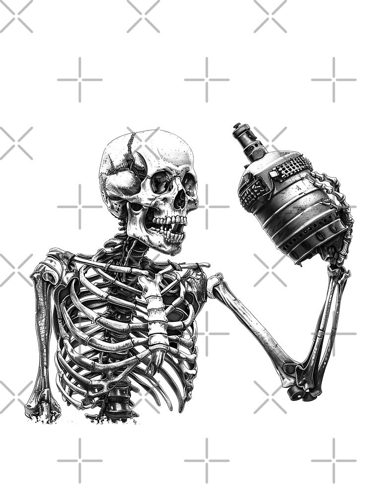 Skeleton Toasting Grenade – Dark Humor Black and White Illustration by inkoutninja