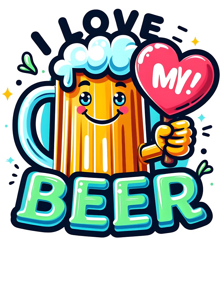 Happy Beer Mug Character Holding "I Love My Beer" Sign. by The-T-In-Retro