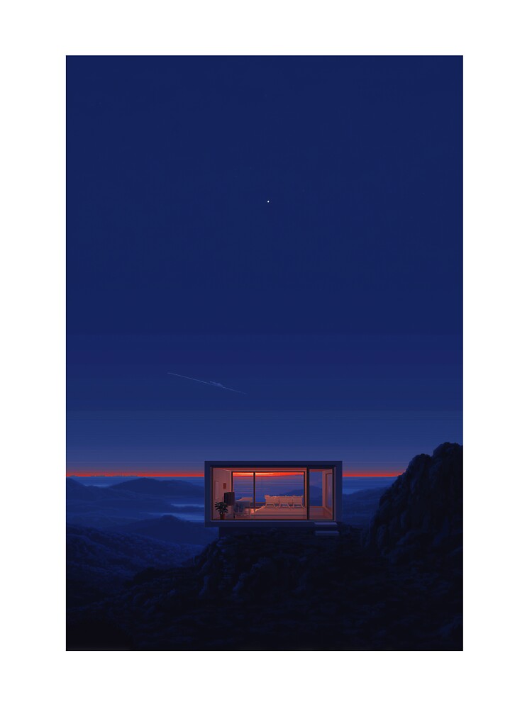 Minimalist Mountain Cabin at Twilight Ethereal Space Age Landscape Art Print by hub.