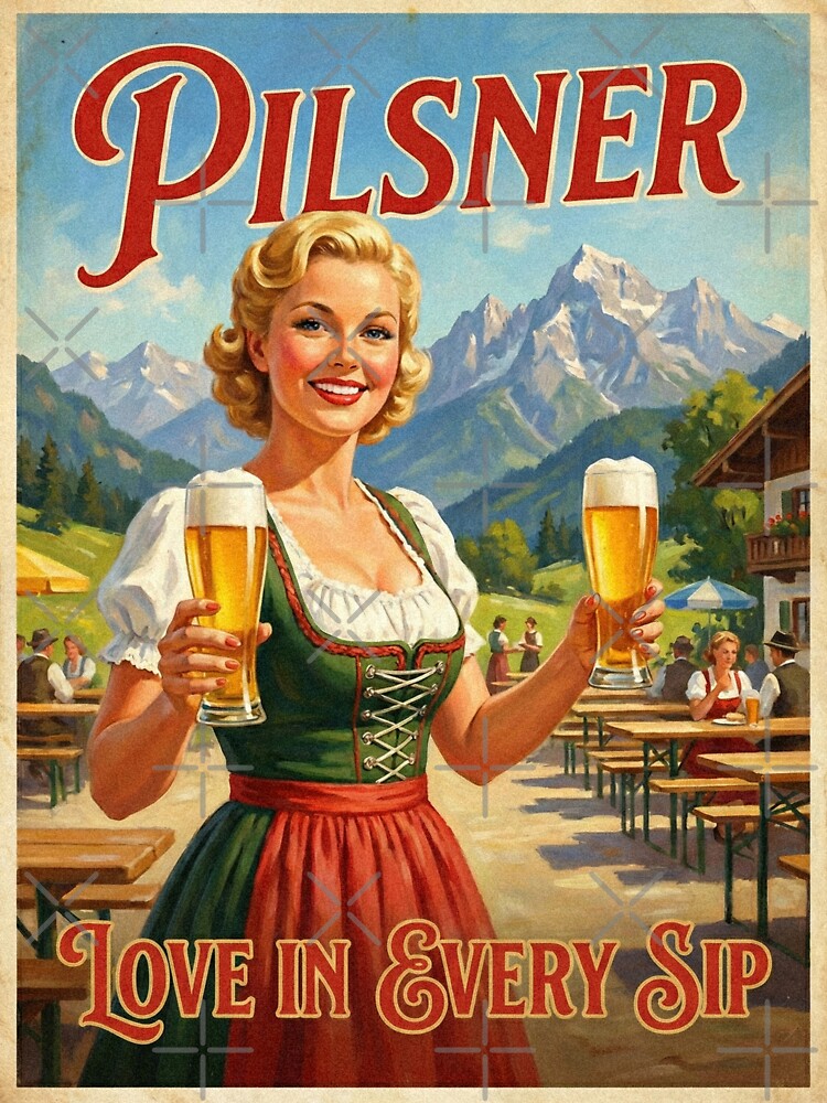 PILSNER LOVE IN EVERY SIP Vintage 1950s German Beer Garden Poster by Cozy-Old-Pub