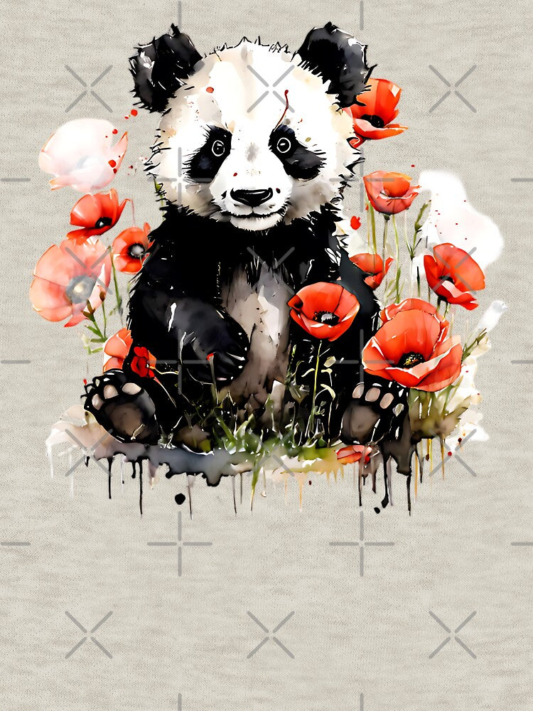 Cute Colorful panda in a field of Wild flowers and poppies by KreativKulture