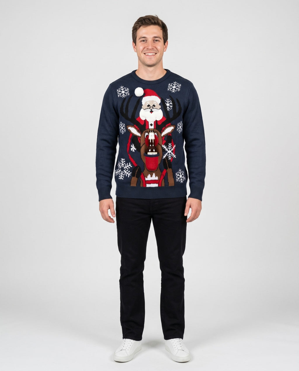 Santa Riding Rudolph Beer Holder Christmas Sweater