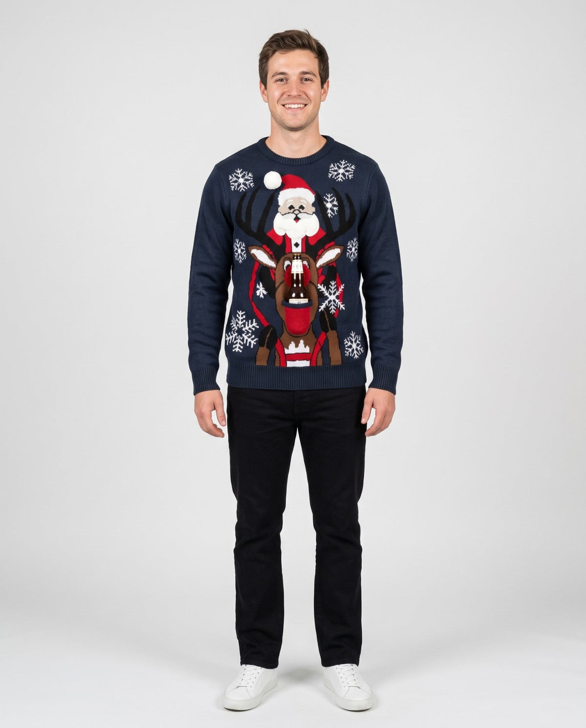 Santa Riding Rudolph Beer Holder Christmas Sweater