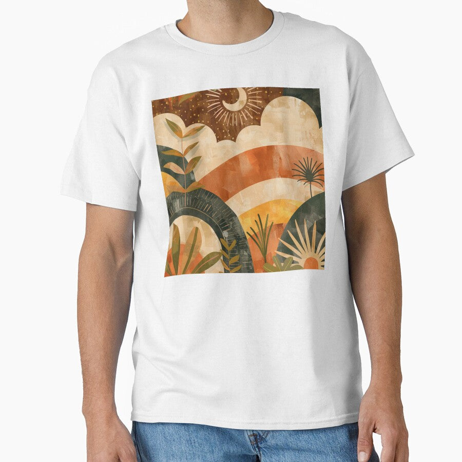 Boho Earthtones, Green, Orange, And Yellow Sunset Landscape by DEC02
